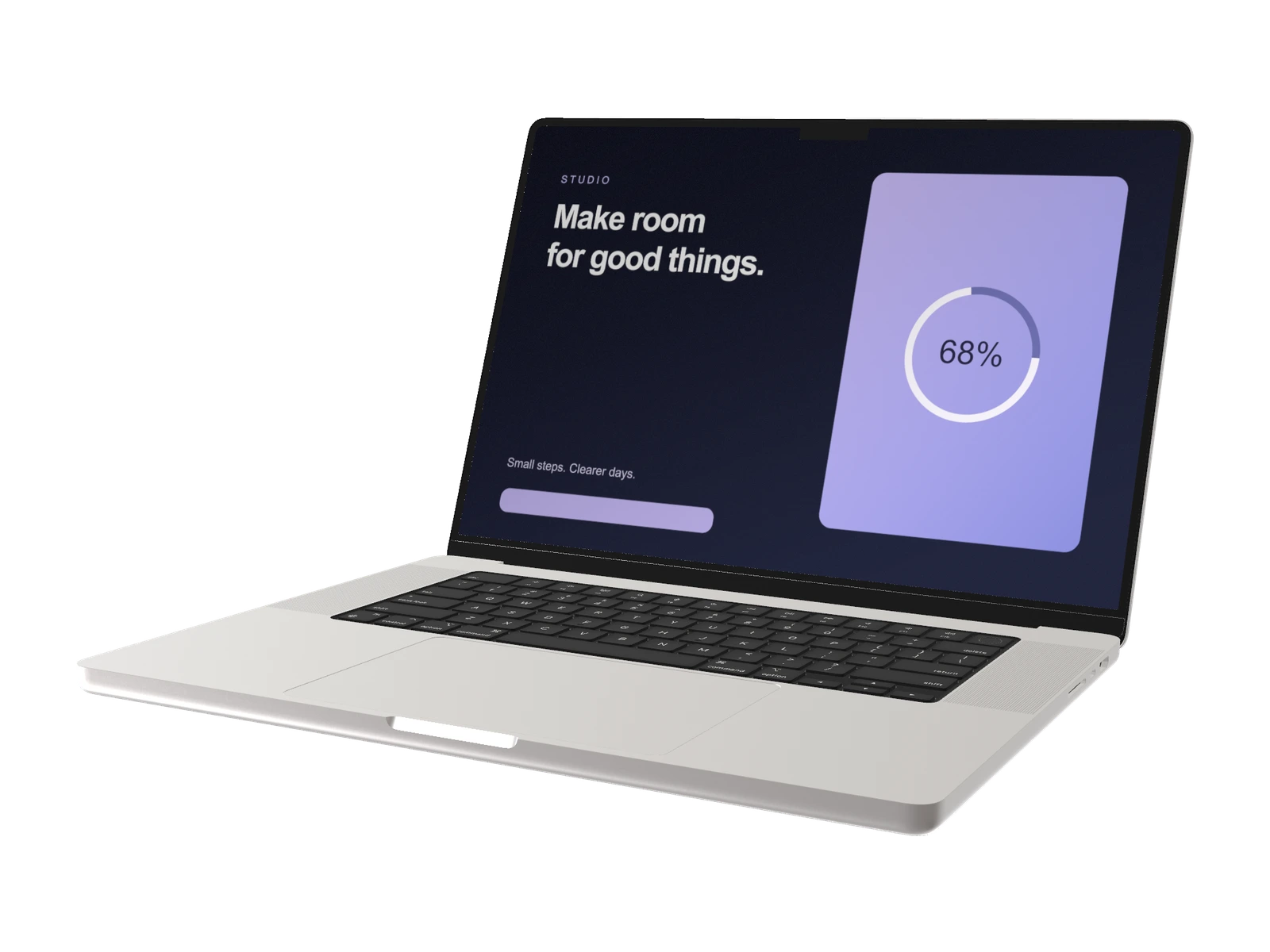 MacBook Pro M3 16-inch (2024) 3D mockup showing an example interface, rendered in SynthMock