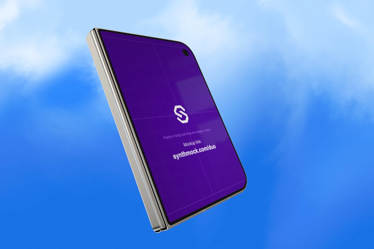 iPhone Duo 3D mockup showing the cover screen, made in SynthMock