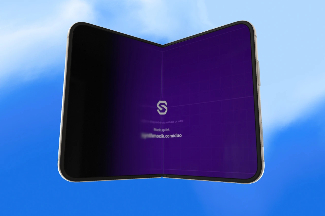 Unfolded iPhone Duo with the SynthMock template artwork on its inner screen
